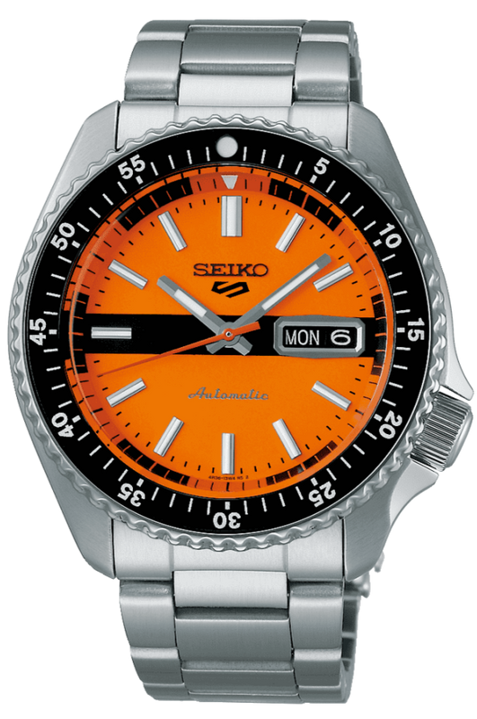 Seiko 5 Sports Double Hurricane Retro Orange Dial Silver Steel Strap Watch For Men - SRPK11K1 Authentic Buy Shop Now