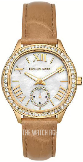 Michael Kors Sage Three-Hand Mother of Pearl White Dial Brown Leather Strap Watch for Women - MK4819 Authentic Buy Shop Now