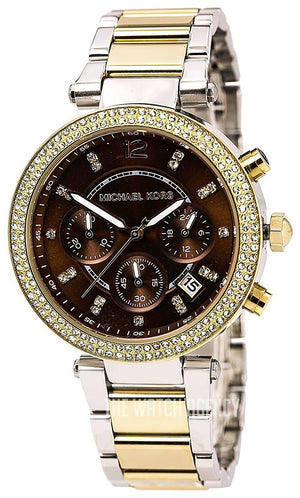 Michael Kors Parker Chronograph Brown Dial Two Tone Steel Strap Watch for Women - MK6118 Authentic Buy Shop Now