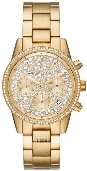 Michael Kors Ritz Chronograph Gold Dial Gold Steel Strap Watch For Women - MK7310 Authentic Buy Shop Now