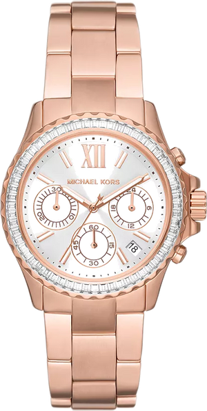 Michael Kors Everest Chronograph Silver Dial Rose Gold Steel Strap Watch For Women - MK7213 Authentic Buy Shop Now