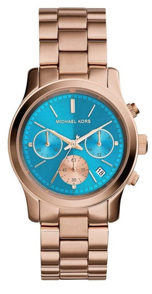 Michael Kors Runway Chronograph Turquoise Dial Rose Gold Steel Strap Watch For Women - MK6164 Authentic Buy Shop Now