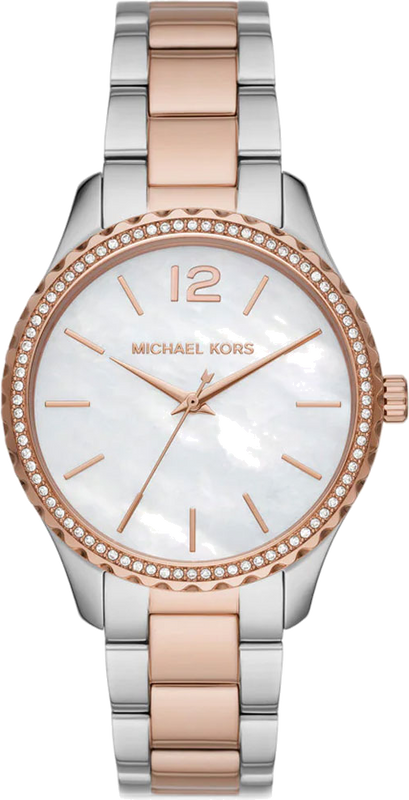Michael Kors Layton Three Hand Mother of Pearl White Dial Two Tone Steel Strap Watch For Women - MK6849 Authentic Buy Shop Now