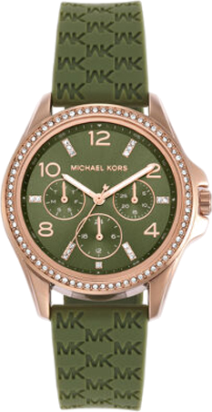 Michael Kors Mini Pilot Chronograph Green Dial Green Silicone Strap Watch For Women - MK7421 Authentic Buy Shop Now