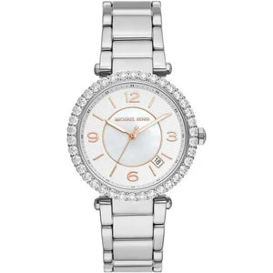 Michael Kors Parker Three Hand Mother of Pearl White Dial Silver Steel Strap Watch For Women - MK4694 Authentic Buy Shop Now