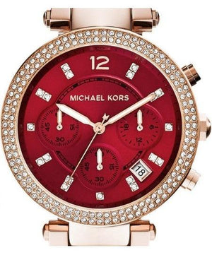 Michael Kors Parker Chronograph Red Dial Rose Gold Steel Strap Watch For Women - MK6106 Authentic Buy Shop Now