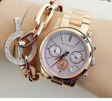 Michael Kors Runway Chronograph Purple Dial Rose Gold Steel Strap Watch For Women - MK6163 Authentic Buy Shop Now
