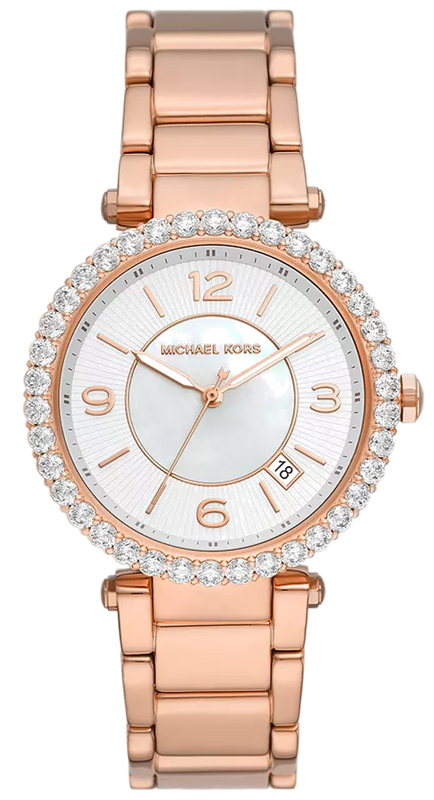 Michael Kors Parker Three-Hand Mother of Pearl White Dial Rose Gold Steel Strap Watch For Women - MK4695 Authentic Buy Shop Now