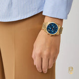 Michael Kors Runway Chronograph Blue Dial Gold Steel Strap Watch For Women - MK7353 Authentic Buy Shop Now