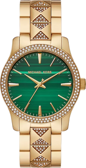 Michael Kors Runway Three Hand Green Dial Gold Steel Strap Watch For Women - MK7390 Authentic Buy Shop Now