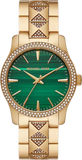 Michael Kors Runway Three Hand Green Dial Gold Steel Strap Watch For Women - MK7390 Authentic Buy Shop Now