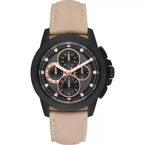 Michael Kors Ryker Chronograph Black Dial Beige Leather Strap Watch For Men - MK8520 Authentic Buy Shop Now