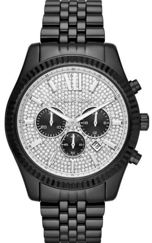 Michael Kors Lexington Chronograph Crystals Silver Dial Black Steel Strap Watch for Men - MK8605 Authentic Buy Shop Now