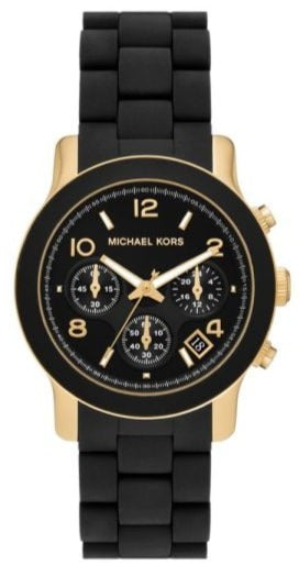 Michael Kors Runway Chronograph Black Dial Black Silicone Strap Watch For Women - MK7385 Authentic Buy Shop Now