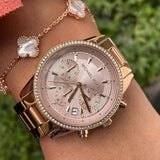 Michael Kors Ritz Chronograph Rose Gold Dial Rose Gold Steel Strap Watch for Women - MK6357 Authentic Buy Shop Now