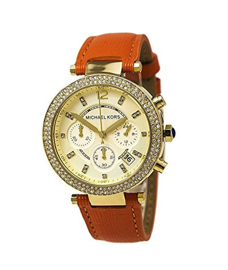 Michael Kors Parker Champagne Dial Orange Leather Strap Watch for Women - MK2279 Authentic Buy Shop Now