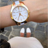 Michael Kors Slim Runway Quartz White Dial Two Tone Steel Strap Watch For Women - MK4295 Authentic Buy Shop Now