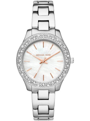 Michael Kors Liliane Three Hand Mother of Pearl White Dial Silver Steel Strap Watch For Women - MK4556 Authentic Buy Shop Now
