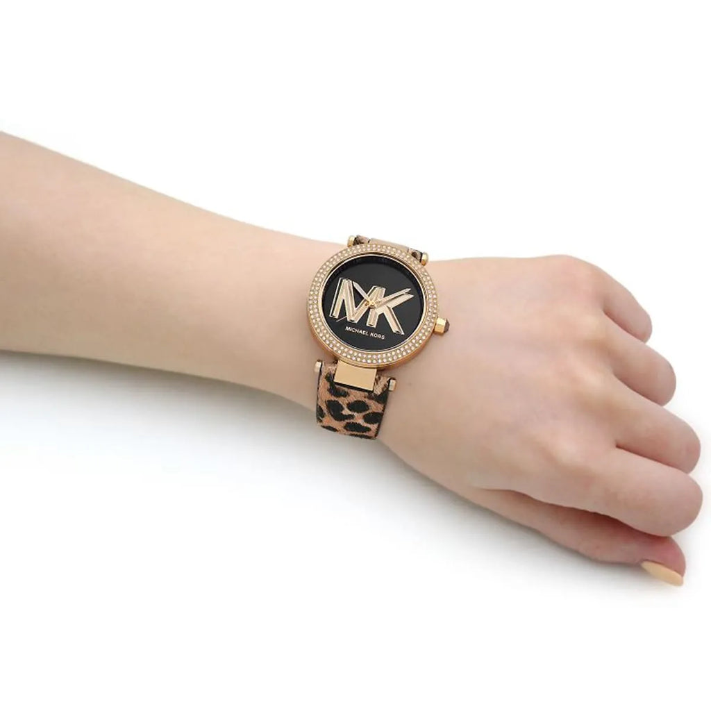 Michael Kors Parker Black Dial Cheetah Print Brown Leather Strap Watch For Women - MK4723 Authentic Buy Shop Now