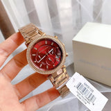 Michael Kors Parker Chronograph Red Dial Rose Gold Steel Strap Watch For Women - MK6106 Authentic Buy Shop Now