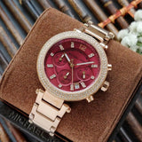 Michael Kors Parker Chronograph Red Dial Rose Gold Steel Strap Watch For Women - MK6106 Authentic Buy Shop Now