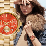 Michael Kors Runway Chronograph Orange Dial Gold Steep Strap Watch For Women - MK6162 Authentic Buy Shop Now