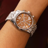 Michael Kors Lexington Chronograph Brown Dial Silver Steel Strap Watch For Women - MK6221 Authentic Buy Shop Now