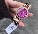 Michael Kors Mini Parker Multi-Function Plum Mother of Pearl Dial Rose Gold Steel Strap Watch For Women - MK6403 Authentic Buy Shop Now