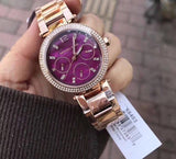 Michael Kors Mini Parker Multi-Function Plum Mother of Pearl Dial Rose Gold Steel Strap Watch For Women - MK6403 Authentic Buy Shop Now