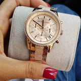 Michael Kors Ritz Chronograph Rose Gold Dial Rose Gold Steel Strap Watch For Women - MK6598 Authentic Buy Shop Now