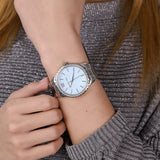Michael Kors Layton Chronograph Mother of Pearl Blue Dial Silver Steel Strap Watch For Women - MK6847 Authentic Buy Shop Now