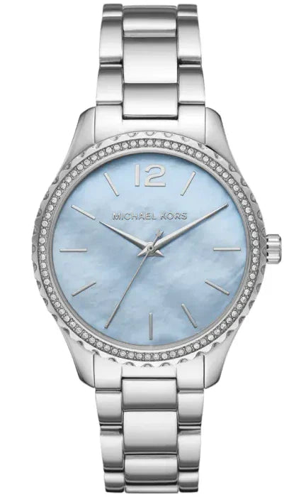 Michael Kors Layton Chronograph Mother of Pearl Blue Dial Silver Steel Strap Watch For Women - MK6847 Authentic Buy Shop Now