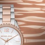 Michael Kors Layton Three Hand Mother of Pearl White Dial Two Tone Steel Strap Watch For Women - MK6849 Authentic Buy Shop Now