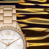 Michael Kors Layton Three Hand Mother of Pearl White Dial Gold Steel Strap Watch For Women - MK6870 Authentic Buy Shop Now