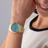 Michael Kors Lexington Chronograph Blue Dial Gold Steel Strap Watch For Women - MK7216 Authentic Buy Shop Now