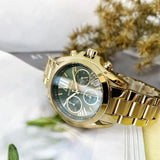 Michael Kors Bradshaw Chronograph Green Dial Gold Steel Strap Watch For Women - MK7257 Authentic Buy Shop Now