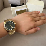 Michael Kors Lexington Three Hand Green Dial Gold Steel Strap Watch For Women - MK7449 Authentic Buy Shop Now