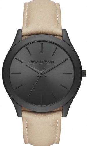 Michael Kors Slim Runway Black Dial Beige Leather Strap Watch For Men - MK8510 Authentic Buy Shop Now