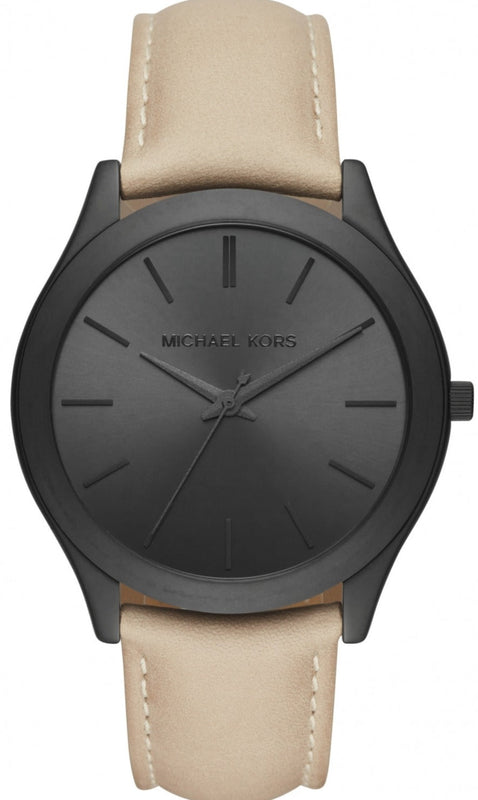 Michael Kors Slim Runway Black Dial Beige Leather Strap Watch For Men - MK8510 Authentic Buy Shop Now