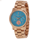 Michael Kors Runway Chronograph Turquoise Dial Rose Gold Steel Strap Watch For Women - MK6164 Authentic Buy Shop Now