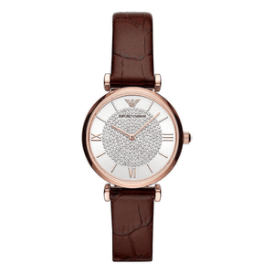 Emporio Armani Gianni T-Bar Silver Dial Brown Leather Strap Watch For Women - AR11269 Authentic Buy Shop Now