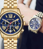 Michael Kors Lexington Chronograph Blue Dial Gold Steel Strap Watch For Women - MK6206 Authentic Buy Shop Now