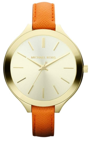 Michael Kors Runway Quartz Gold Dial Orange Leather Strap Watch For Women - MK2275 Authentic Buy Shop Now