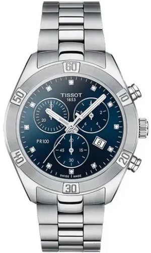 Tissot PR 100 Sport Chic Chronograph Diamonds Blue Dial Silver Steel Strap Watch for Women - T101.917.11.046.00 Authentic Buy Shop Now