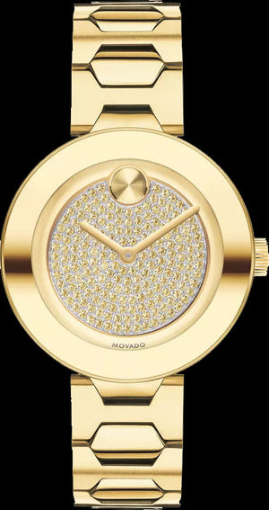 Movado Bold Crystal Gold Dial Gold Steel Strap Watch For Women - 3600492 Authentic Buy Shop Now