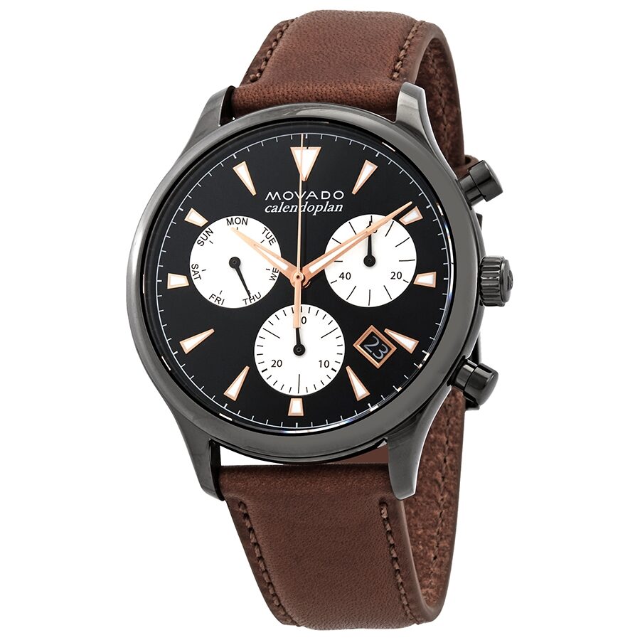 Movado Heritage Calendoplan Chronograph Black Dial Brown Leather Strap Watch for Men - 3650022 Authentic Buy Shop Now