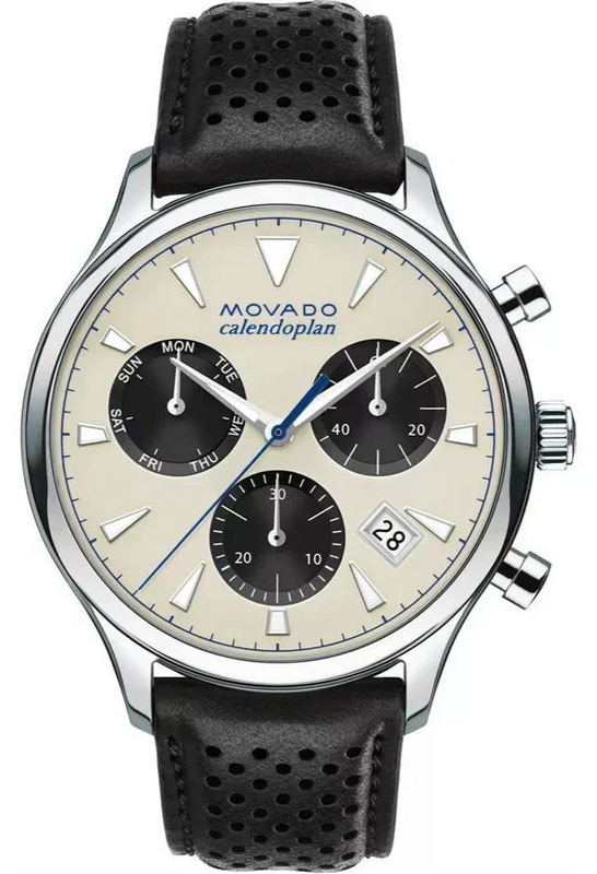 Movado Heritage Calendoplan Chronograph Silver Dial Black Leather Strap Watch for Men - 3650024 Authentic Buy Shop Now