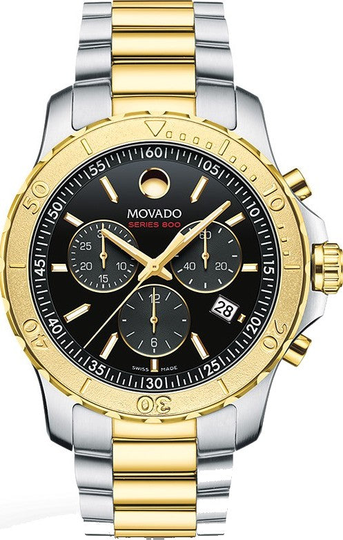 Movado Series 800 Chronograph Black Dial Two Tone Steel Strap Watch For Men - 2600138 Authentic Buy Shop Now