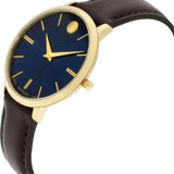 Movado Ultra Slim Blue Dial Brown Leather Strap Watch For Women - 0607092 Authentic Buy Shop Now