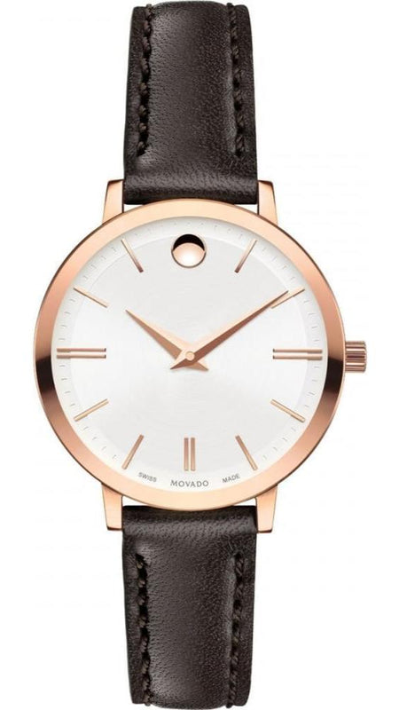 Movado Ultra Slim White Dial Brown Leather Strap Watch For Women - 0607096 Authentic Buy Shop Now